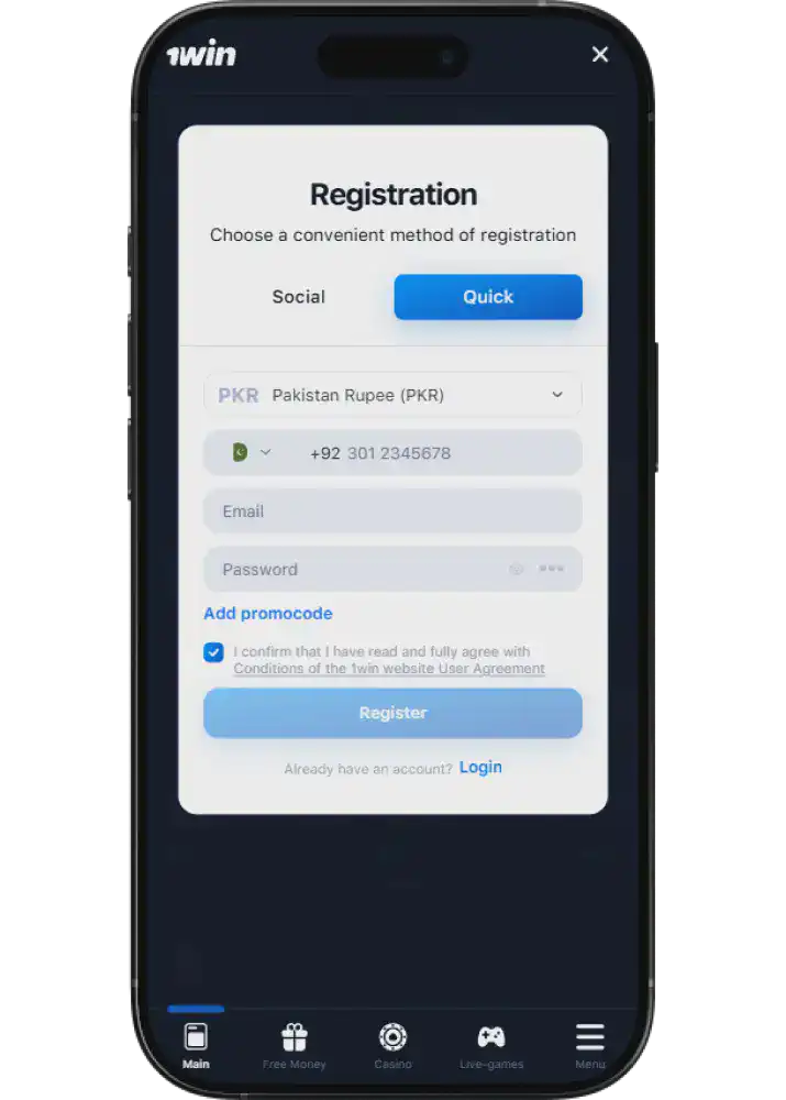 1win registration via phone Pakistan