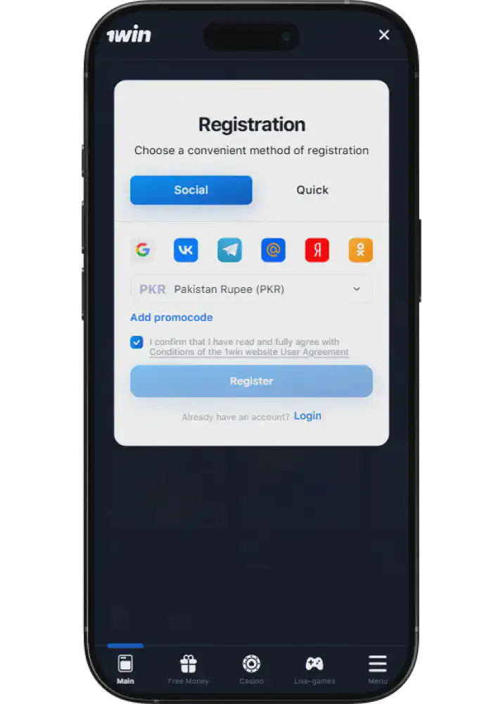 1win registration social media Pakistan